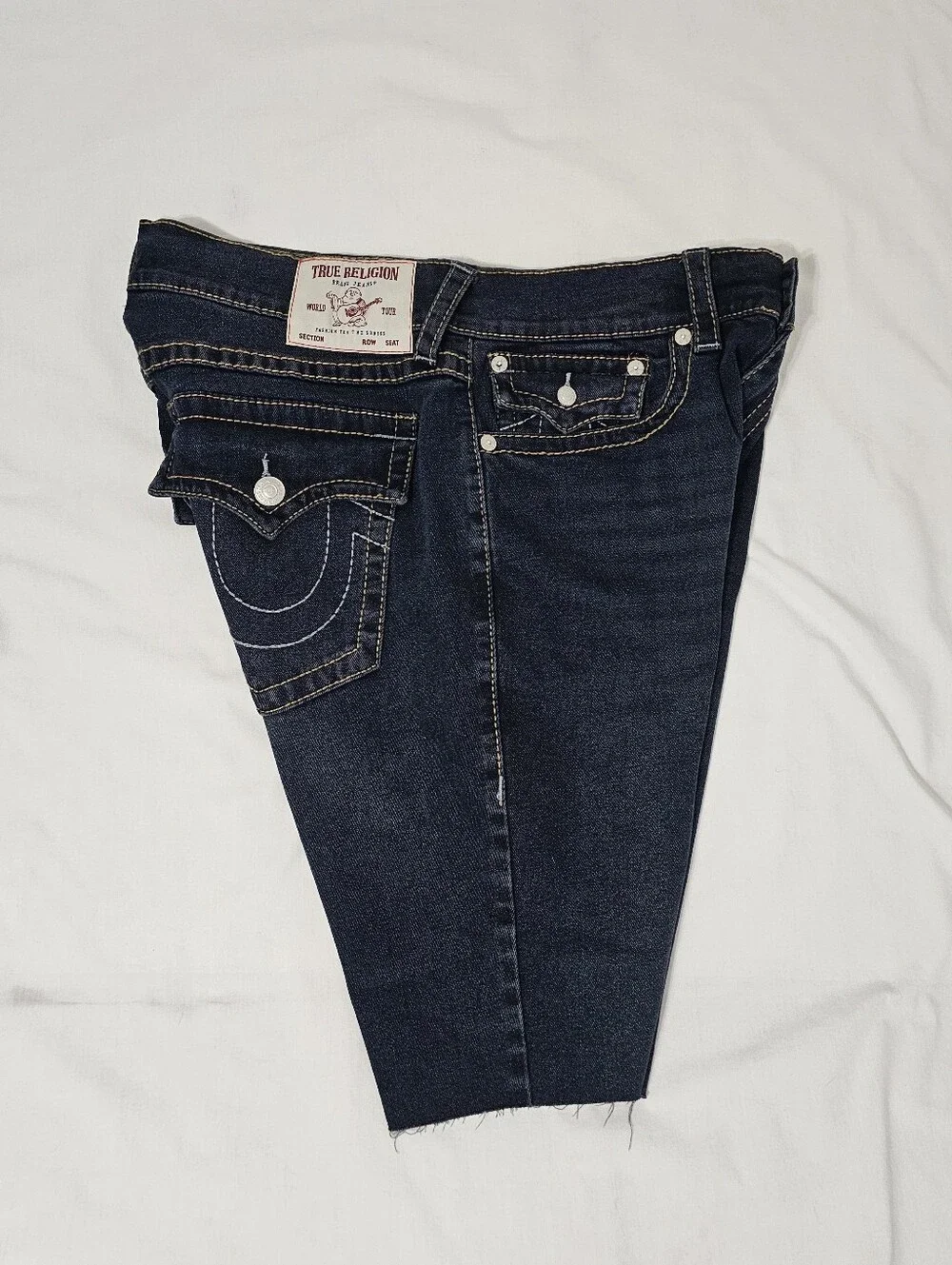 True Religion Ricky Big T Flap Raw Hem Denim Shorts Men's 34 Dark Wash Relaxed
